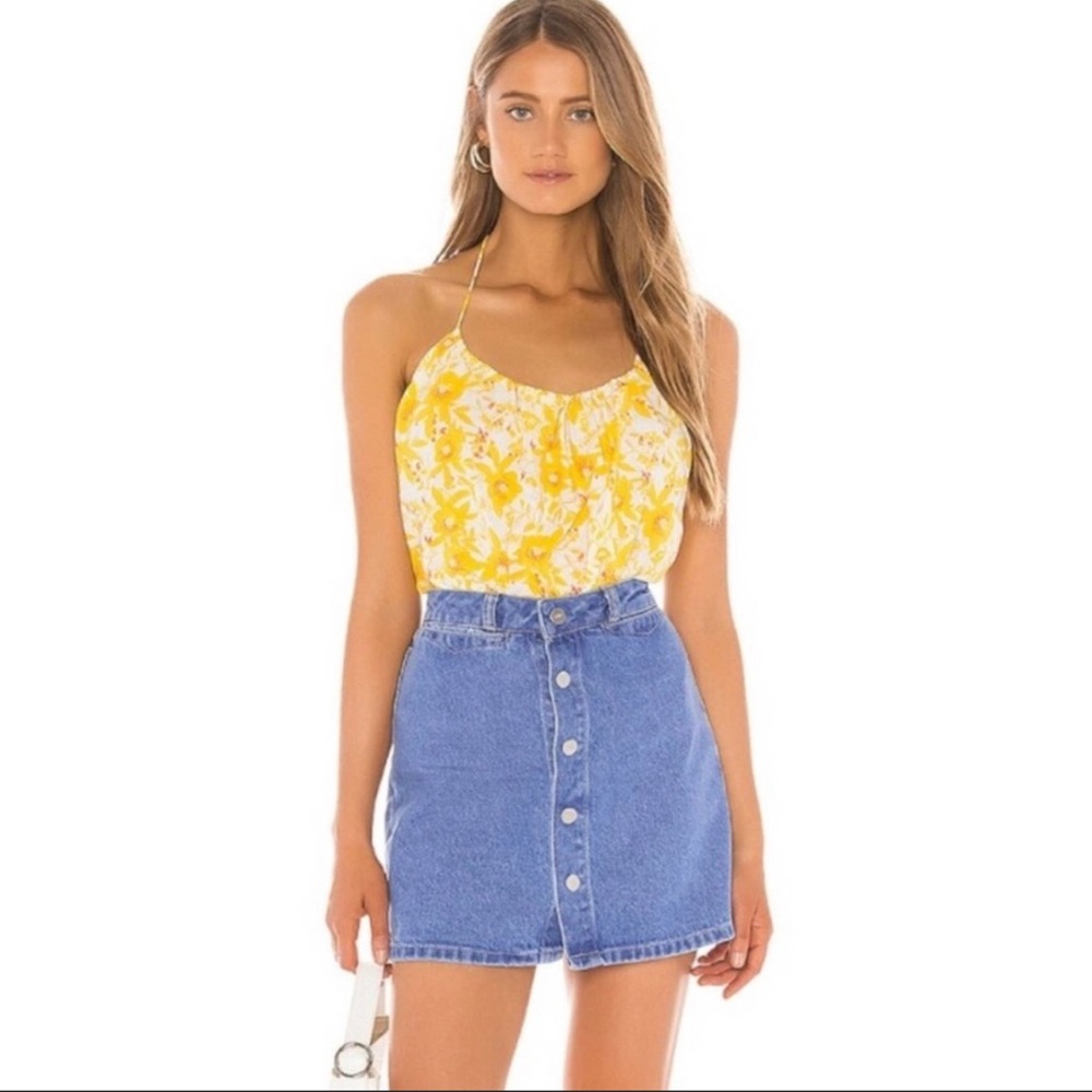 NWT Free People Yellow Liza Multi Floral Print Tasseled Ties Halter Bodysuit